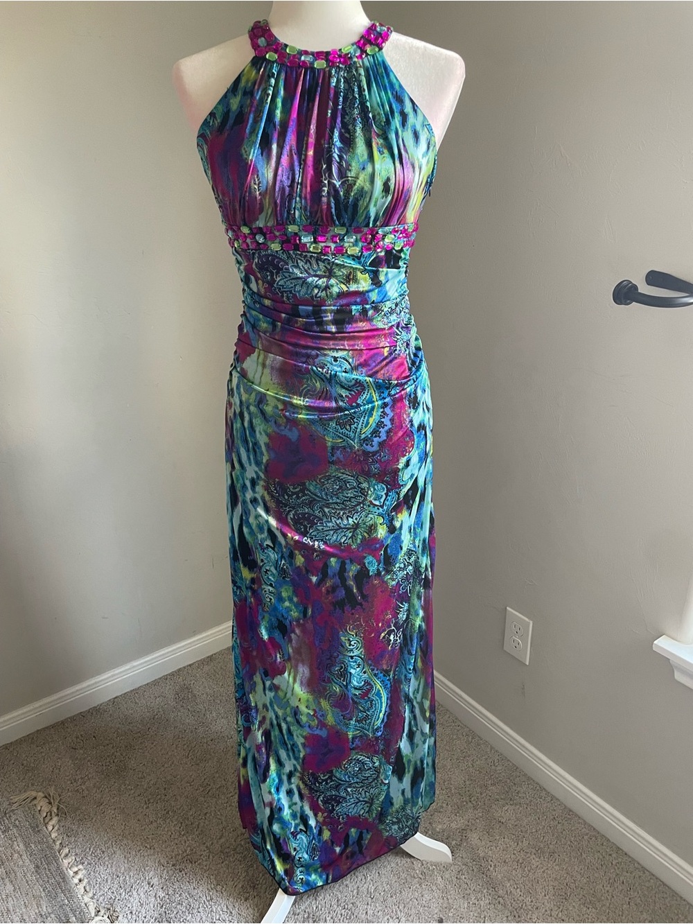 Y2K Xtraordinary Teal, Fuchsia, Aqua Halter Beaded Maxi Dress With Back Cutout